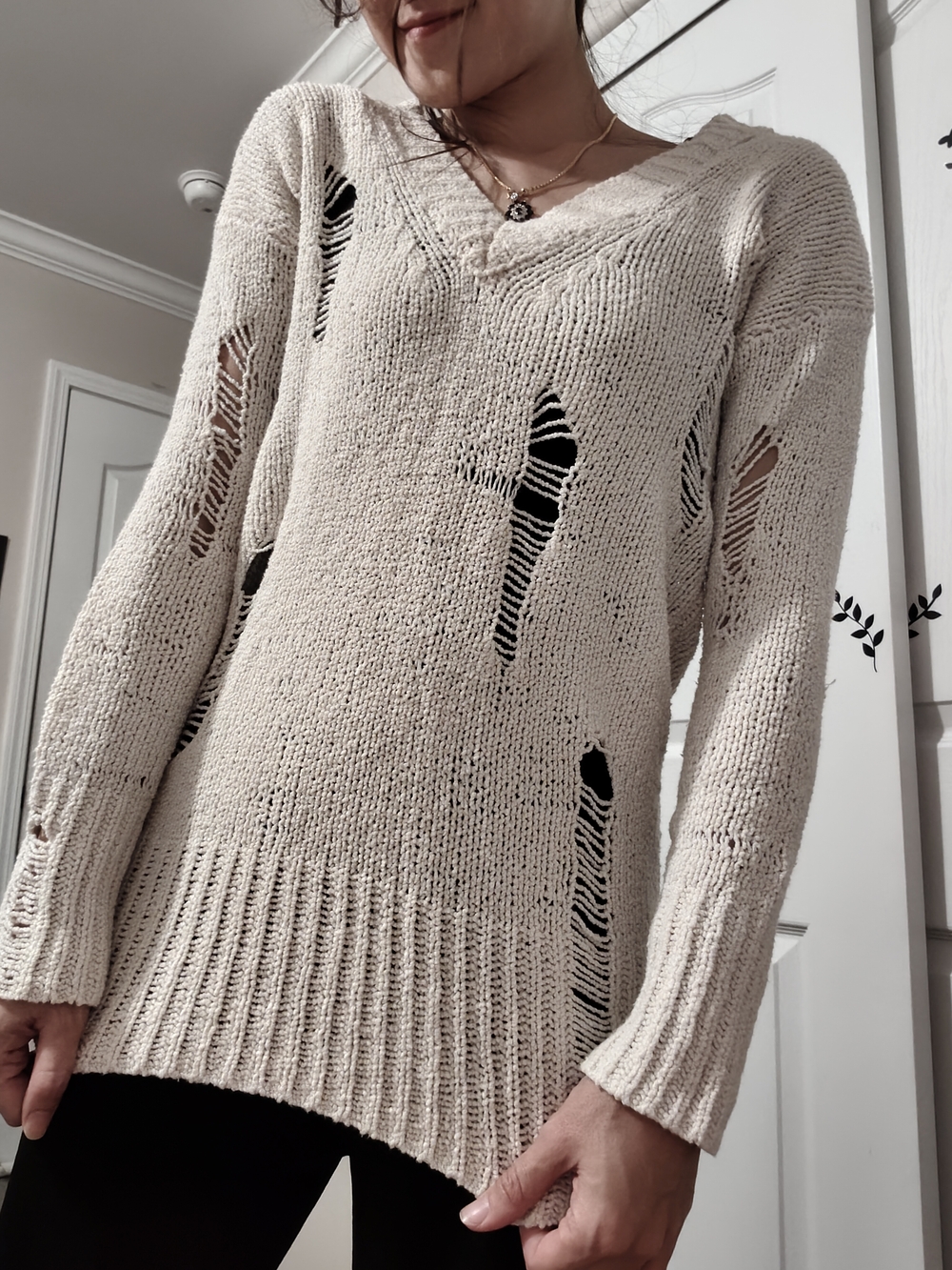 Light Beige Distressed V-Neck Women's Sweater